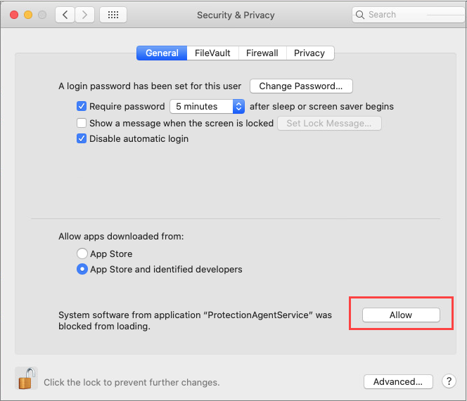 Screen shot of Security & Privacy dialog box, Allow button